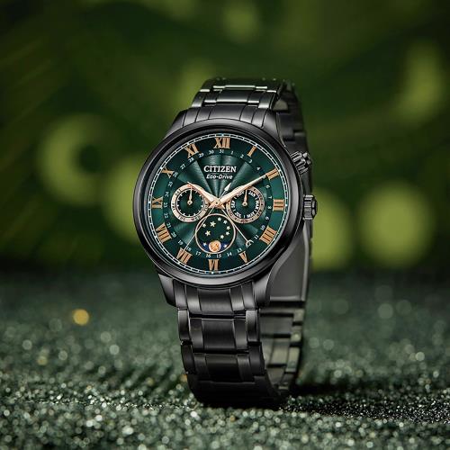 CITIZEN 星辰 光動能經典羅馬月相錶/綠X黑/42mm/AP1055-87X