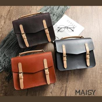 【MAISY】復古植鞣皮拼接劍橋郵差包(現+預 棕色 / 黑色 / 咖啡色)
