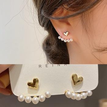 【Emi艾迷】甜蜜愛心珍珠上下925銀針耳環