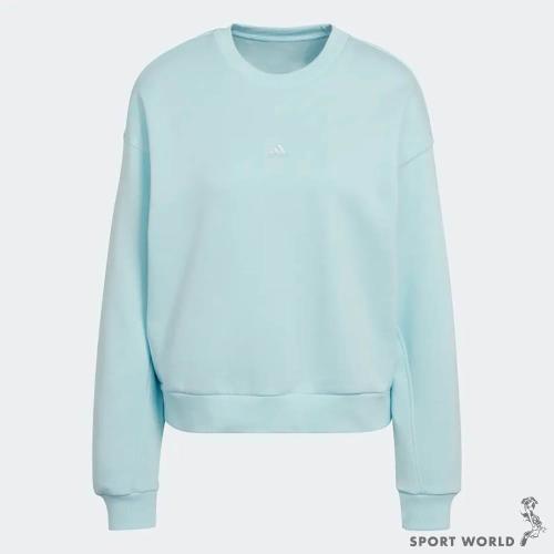 Adidas 女 長袖 大學T 寬鬆 刷毛 胸前LOGO 藍 HJ8005