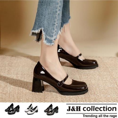 【J&H collection】日系復古一字帶粗跟女鞋(現+預 白色黑色深棕色)