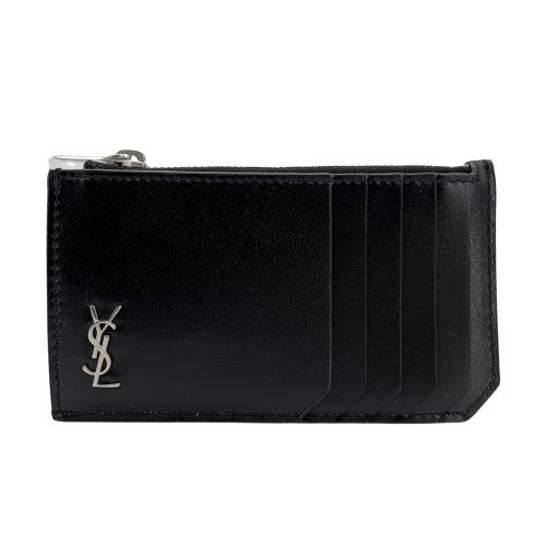 YSL 品牌銀 logo牛皮零錢卡包(629899-黑)