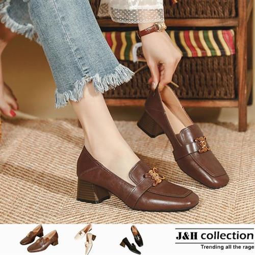 【J&H collection】復古英倫方頭木纹粗跟小皮鞋(現+預  黑色 / 米白色 / 咖啡色)