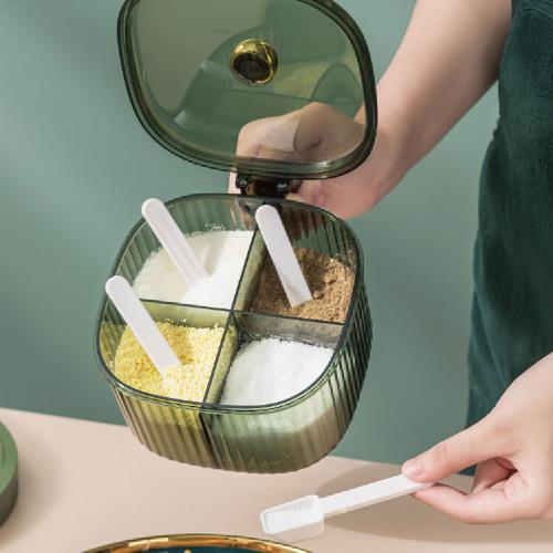 【帕斯特收納生活】歐風透明四分格調味料盒  密封料理調料盒 附勺子(調味料盒) 