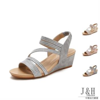 【J&H collection】涼夏舒適軟底一字帶羅馬高跟涼鞋(現+預 粉色  金色  灰色)
