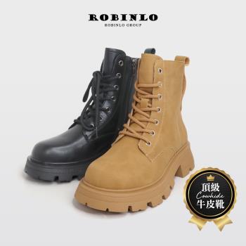 Robinlo極致酷感真皮鋸齒綁帶機車靴短靴中筒靴ALYSE-個性黑/原野棕