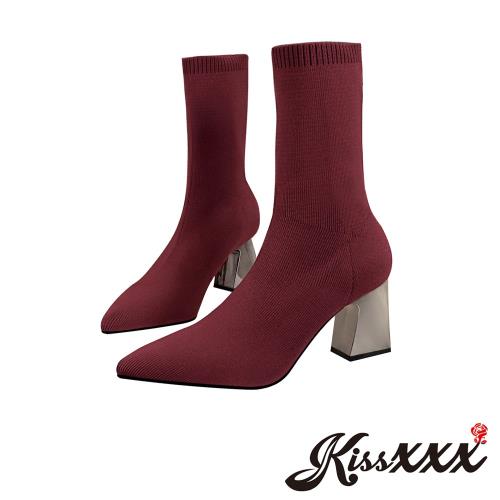 【KissXXX】毛線襪靴 中筒毛線襪靴彈力靴口時尚貼腿尖頭異形跟時尚中筒毛線襪靴(酒紅)