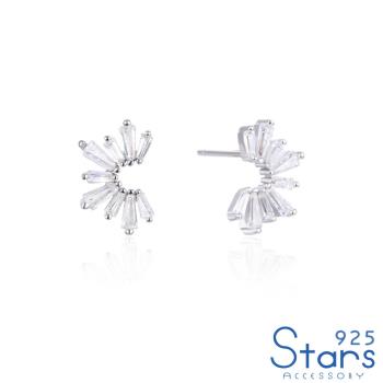 【925 STARS】純銀925幾何方晶鋯石半圓花型耳環 造型耳環