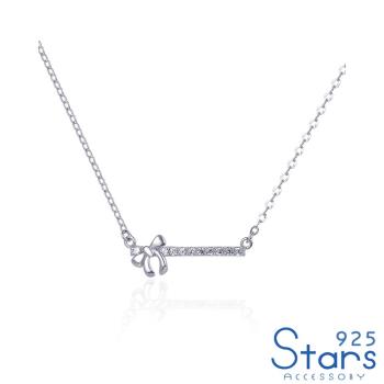 【925 STARS】純銀925微鑲一字閃鑽蝴蝶結造型項鍊 造型項鍊 美鑽項鍊