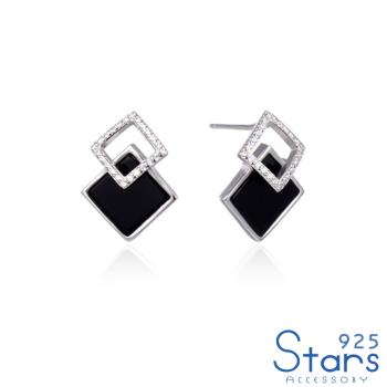 【925 STARS】純銀925時尚黑釉美鑽菱格線條造型耳環 造型耳環 美鑽耳環