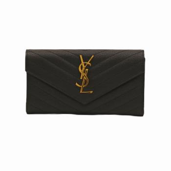 【YSL】YSL金字LOGO 壓紋V字縫線 大號 黑色 小牛皮 掀蓋式長夾 錢包 372264BOW01 1000