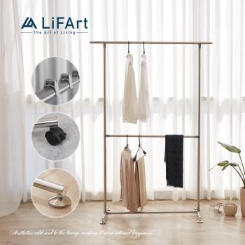 【LiFArt】不鏽鋼附輪伸縮耐重雙桿曬衣架(加高款)