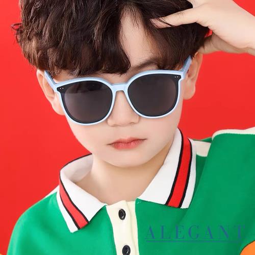【ALEGANT】輕旅童遊初生藍兒童專用輕量矽膠彈性太陽眼鏡│UV400圓框偏光墨鏡