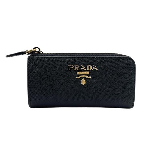 Prada 品牌金logo牛皮零錢鑰匙包(1PP026-黑)
