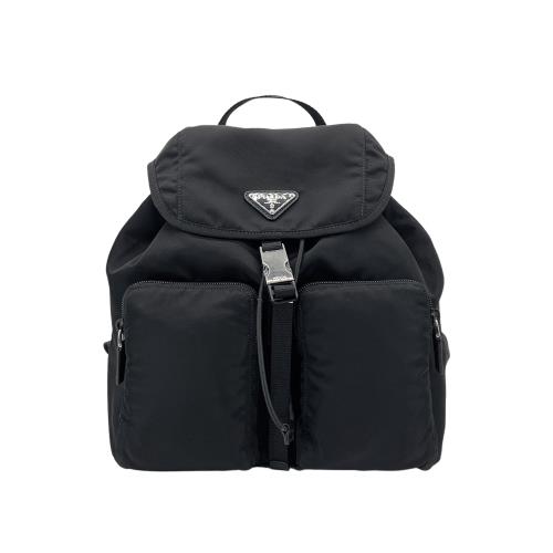 Prada 展示品 尼龍單扣雙口袋後背包-小(1BZ070-黑)