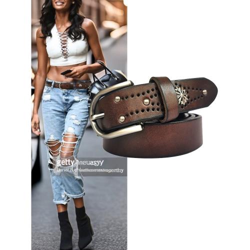 真皮皮帶女頭層軟牛皮2024新款黑色高級感鉚釘裝飾復古牛仔褲腰帶