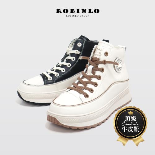 Robinlo帥氣宣言全真皮短靴小白靴高筒休閒鞋小白鞋CHARLA-極簡黑/焦糖奶霜白
