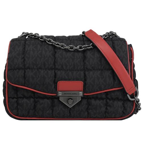 MICHAEL KORS SOHO 絎縫印花尼龍翻蓋肩斜背鍊包.黑/紅