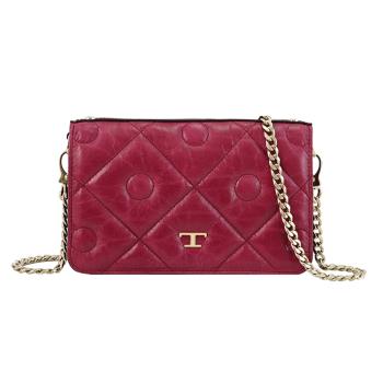 TODS 金屬LOGO質感小牛皮迷你WOC斜背鍊包.桃紫
