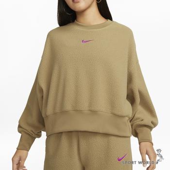 Nike 女裝 長袖 休閒 短版 刺繡 搖粒絨 棕 DQ6845-258