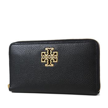 TORY BURCH BRITTEN 縷空LOGO荔枝紋拉鍊長夾-黑色/附證件夾