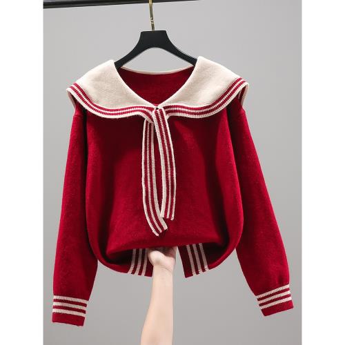 22105新款韓版寬松女毛衣針織衫上衣套頭長袖蝴蝶結海軍領拼接