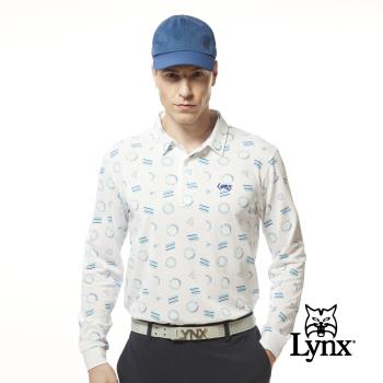 【Lynx Golf】男款吸濕排汗機能滿版波浪線圓形LOGO印花長袖POLO衫-白色