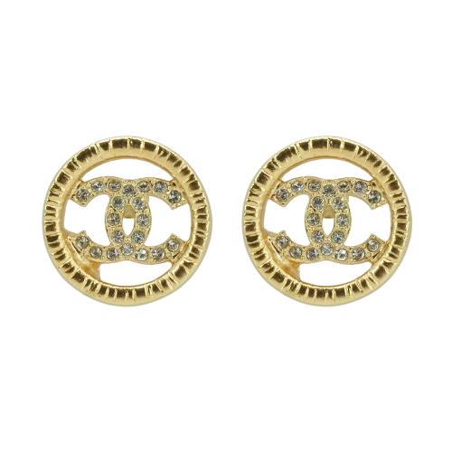 Chanel 經典雙C logo 水鑽鏤空圓形穿式耳環(金)