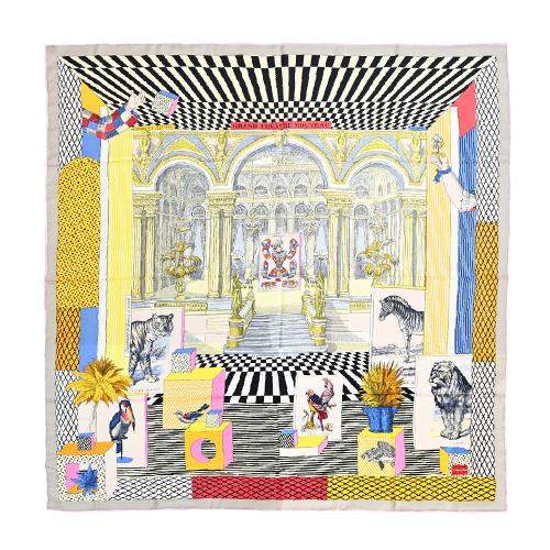 Hermes 愛馬仕Grand Theatre Nouveau shawl動物畫廊 140喀什米爾與真絲混紡方巾(白/粉/淡黃)