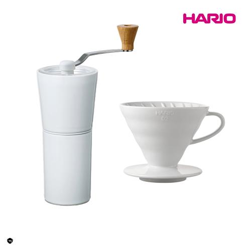【HARIO】HARIO 純白系列 V60 簡約磁石手搖磨豆機-白色 + V60白色02磁石濾杯
