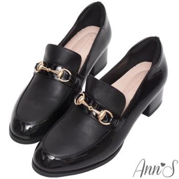 Ann’S質感真小羊皮金釦粗跟樂福鞋 4.5cm-漆皮黑