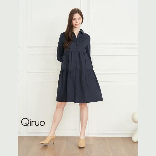 【Qiruo 奇若】秋冬專櫃 襯衫領洋裝8174F  深藍小洋裝