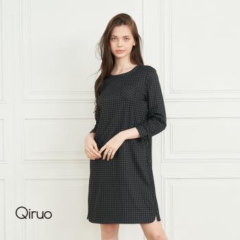 【Qiruo 奇若名品】秋冬專櫃深黑色格紋小A膝上洋裝(長袖黑灰格紋九分袖正式洋裝8184F)