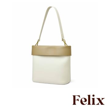 【felix】真皮極簡復古撞色法式水桶包 白