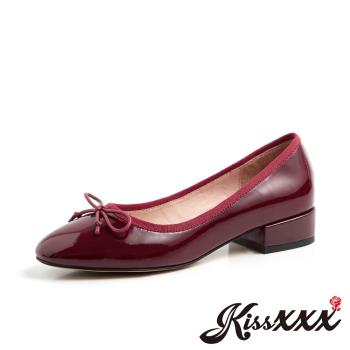 【KissXXX】跟鞋 粗跟鞋/全真皮小圓頭細緻蝴蝶結造型粗跟鞋(紅)