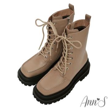 Ann’S就是比較瘦加厚款-頂級牛皮真皮綁帶造型顯瘦輕量厚底短靴7cm-杏(版型偏小)