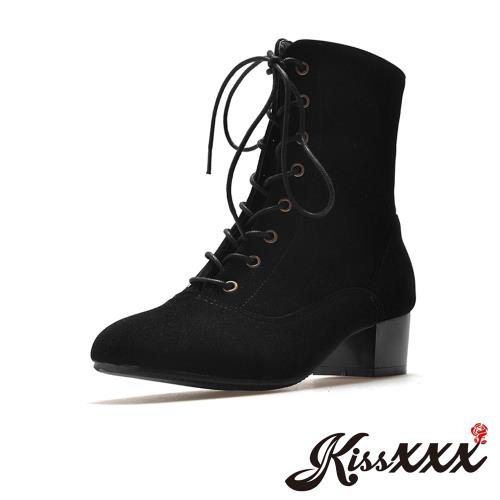【KissXXX】馬丁靴 粗跟馬丁靴小方頭反絨綁帶側拉鍊粗跟馬丁靴(黑)