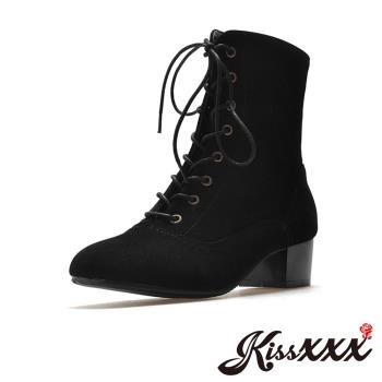 【KissXXX】馬丁靴 粗跟馬丁靴/小方頭反絨綁帶側拉鍊粗跟馬丁靴(黑)