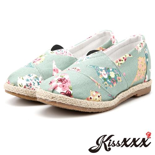 【KissXXX】休閒鞋 帆布休閒鞋/花朵鳥兒圖樣美腿效果5CM內增高帆布休閒鞋(藍綠)