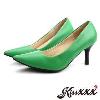 【KissXXX】跟鞋 高跟鞋/低反發舒適感美腿效果7CM小尖頭高跟鞋(綠)