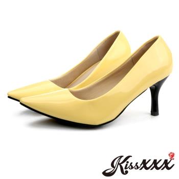 【KissXXX】跟鞋 高跟鞋/低反發舒適感美腿效果7CM小尖頭高跟鞋(黃)