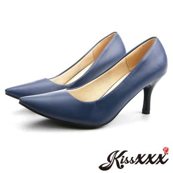 【KissXXX】跟鞋 高跟鞋低反發舒適感美腿效果7CM小尖頭高跟鞋(深藍)
