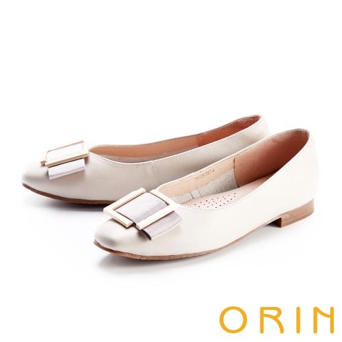 ORIN 真皮織帶金屬方釦 女 平底鞋 白色