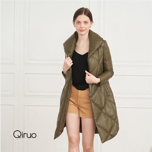 【Qiruo 奇若名品】冬季橄欖綠立領長版小羊皮衣(精品時尚橄欖綠小羊皮衣大衣型2867E)