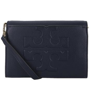 【TORY BURCH】BOMBE-T COMBO典雅荔枝紋縫線LOGO全皮革斜揹包(藍色)