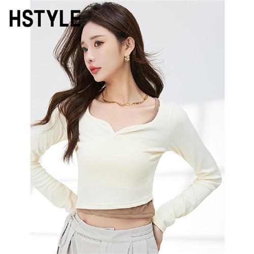 T恤 尖領拼接長袖短版T恤NFD0292-創翊韓都