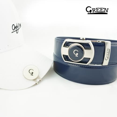 【Green】高爾夫球滑扣皮帶 高爾夫球自動扣皮帶 高爾夫球皮帶 高爾夫球標皮帶 - 亮面海軍藍 (贈 二個球標 藍.白+帽夾)