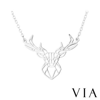 【VIA】動物系列 北歐風鹿頭縷空線條造型白鋼項鍊 造型項鍊 鋼色