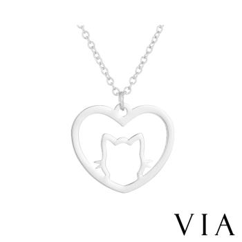 【VIA】動物系列 縷空愛心貓咪造型白鋼項鍊 造型項鍊 鋼色