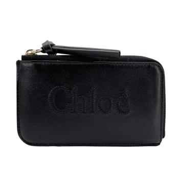 Chloe 牛皮刺繡logo拉鍊零錢卡片包(黑)